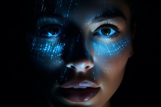 Zdjęcie kobieta w ciemnym pokoju intensywnie skupiająca się na świecącym ekranie komputera tajemnicza kobieta pochłonięta cyfrowym wyświetlaczem w słabo oświetlonej przestrzeni