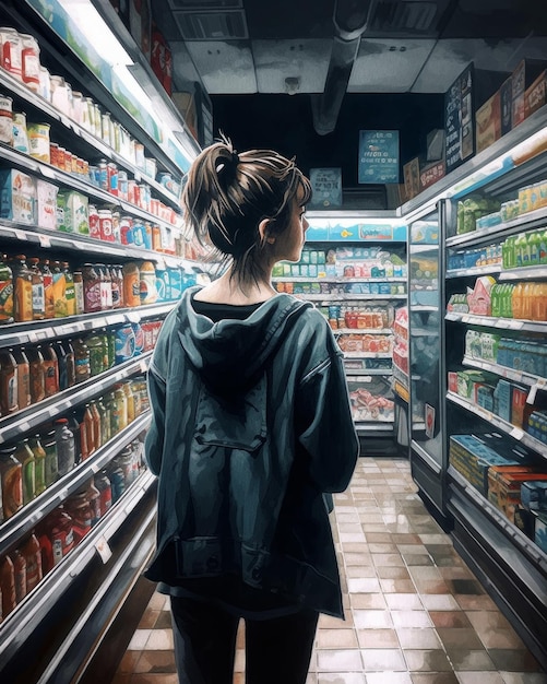 Kobieta w czarnej bluzie z kapturem stoi przed sklepem pełnym jedzenia