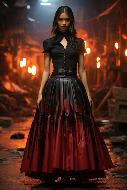 Kobieta w czarnej i czerwonej sukience.