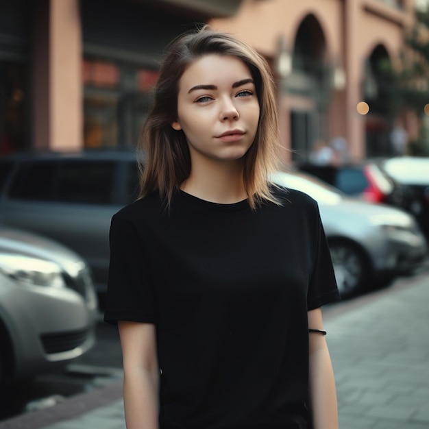 Kobieta w czarnej koszuli stoi na chodniku przed sklepem.