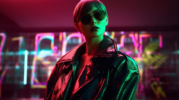 Zdjęcie kobieta w czarnej skórzanej kurtce stoi przed neonem z napisem „moda”