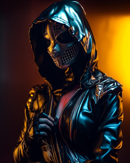 Kobieta w czarnej skórzanej kurtce z maską na twarzy