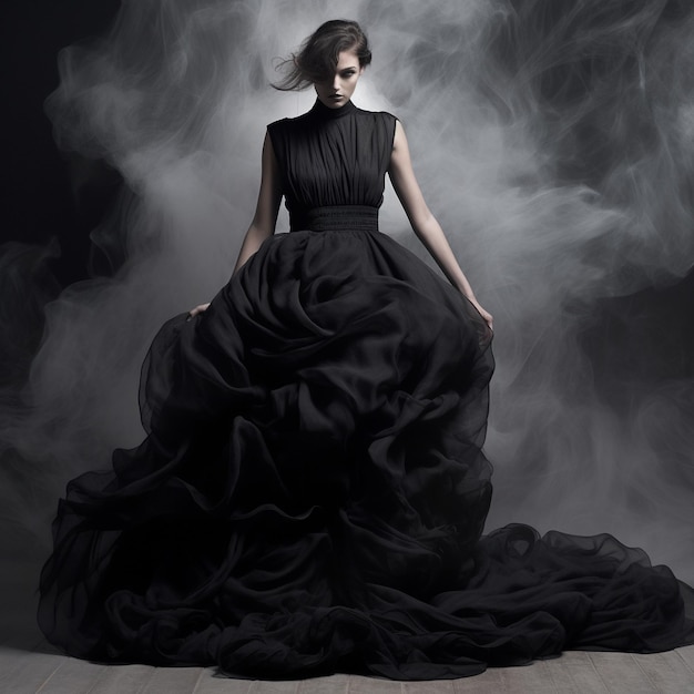 kobieta w czarnej sukience pozuje na zadymionym tle.
