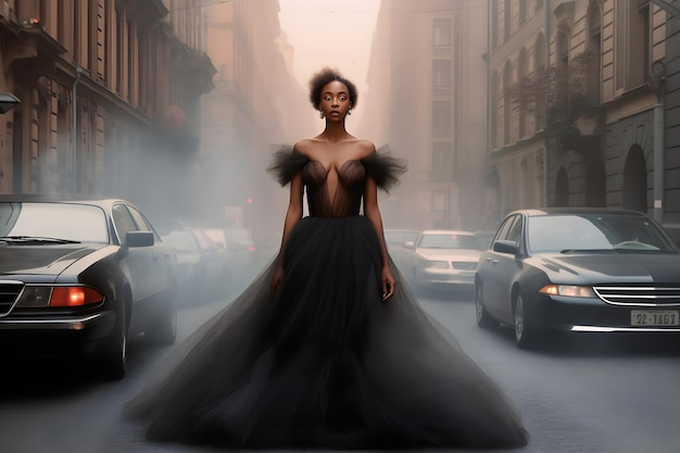 Kobieta w czarnej sukience stoi na środku ruchliwej ulicy z samochodami w tle.