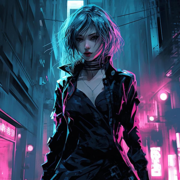 kobieta w czarnej sukience stoi przed budynkiem z neonem w tle.