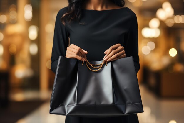 Zdjęcie kobieta w czarnej sukience trzymająca torby na zakupy czarny piątek generatywna ai