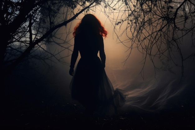 Kobieta w czarnej sukience wdowy biegnie w nocy przez tajemniczy las.
