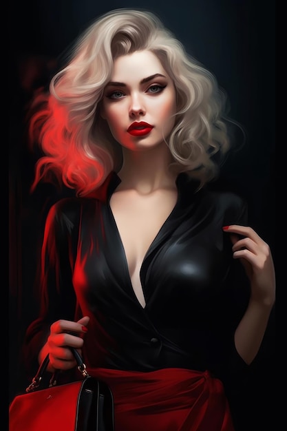 Kobieta w czarnej sukience z czerwonymi ustami.