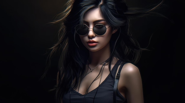 Kobieta w czarnych okularach przeciwsłonecznych i czarnym podkoszulku