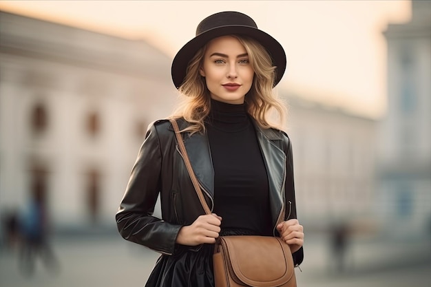 Kobieta w czarnym kapeluszu i czarnym kapeluszu stoi na ulicy.