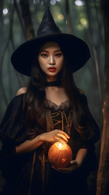 Kobieta w czarnym kapeluszu trzyma latarnię przed lasem.
