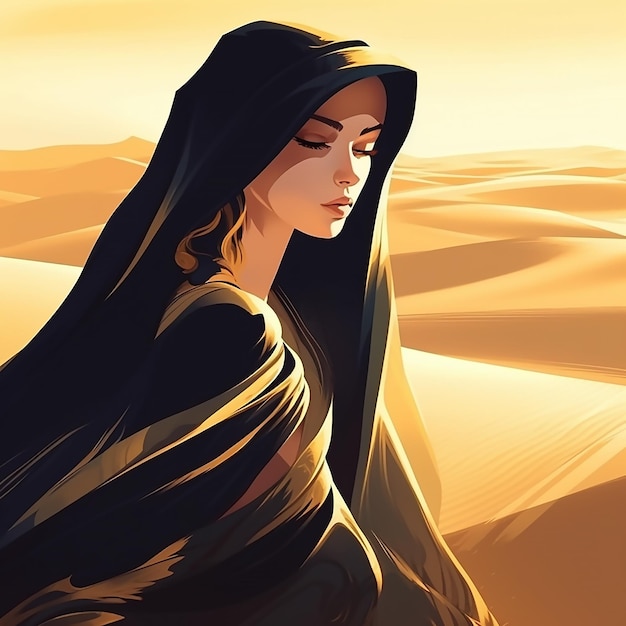 Kobieta w czarnym kapturze stoi na pustyni.