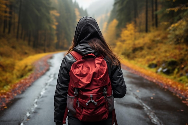 Kobieta w czerwonej kurtce i z plecakiem spaceruje leśnymi drogami