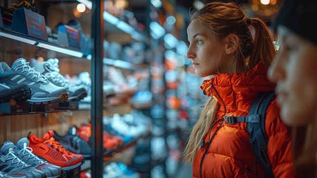 Kobieta w czerwonej kurtce przeglądająca buty sportowe w sklepie