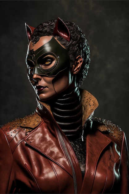 Kobieta w czerwonej skórzanej kurtce z maską kota na twarzy