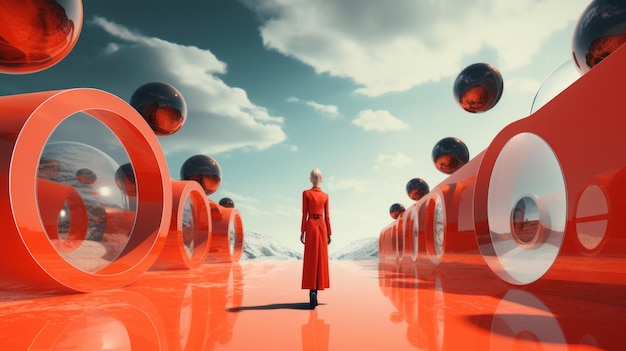 Zdjęcie kobieta w czerwonej sukience idąca w czerwonym tunelu z okrągłymi przedmiotami