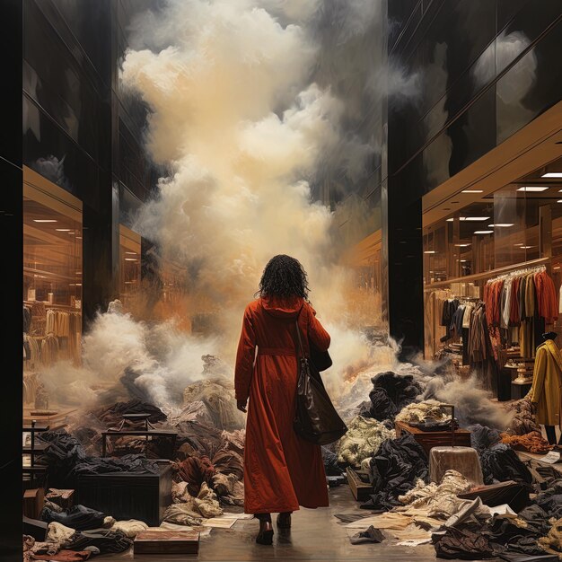 Kobieta w czerwonej sukience idzie przez stos ubrań.