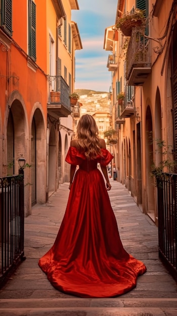 Kobieta w czerwonej sukience idzie ulicą w małym miasteczku.