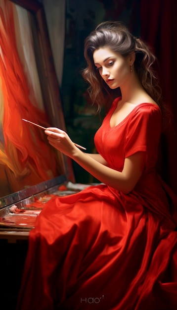 kobieta w czerwonej sukience malująca pędzlem.