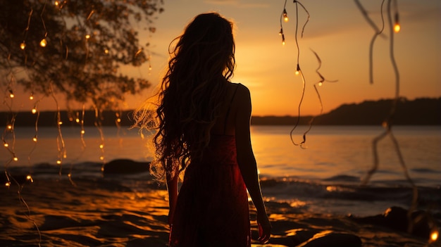 Zdjęcie kobieta w czerwonej sukience o zachodzie słońca