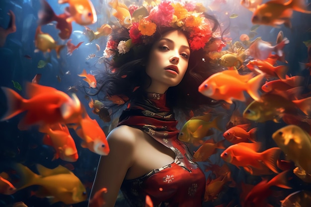 Kobieta w czerwonej sukience otoczona rybami
