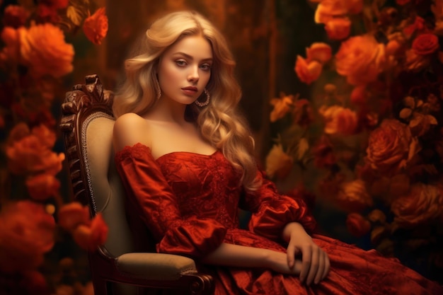 Kobieta w czerwonej sukience siedzi na krześle z kwiatami w tle