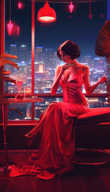 Kobieta w czerwonej sukience siedzi przed panoramą miasta.
