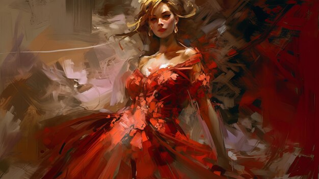 Kobieta w czerwonej sukience stoi cyfrową kolorową ilustracją