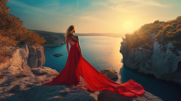Kobieta w czerwonej sukience stoi na klifie i patrzy na zachód słońca