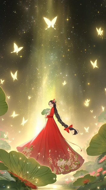 Kobieta w czerwonej sukience stoi na wzgórzu z dużą liczbą motyli w tle.