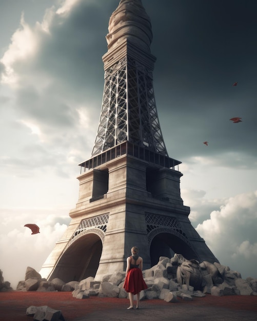 Kobieta w czerwonej sukience stoi przed dużą kamienną wieżą.