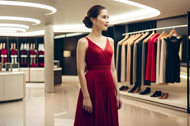 Kobieta w czerwonej sukience stoi przed wieszakiem z ubraniami.