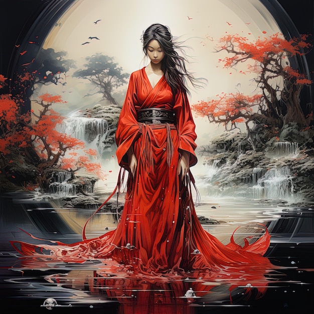 Kobieta w czerwonej sukience stoi przed wodospadem.