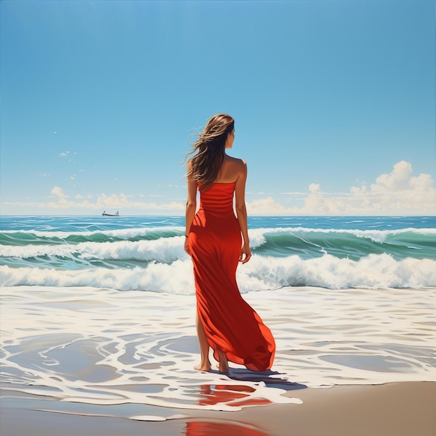 Kobieta w czerwonej sukience stoi w wodzie przed oceanem.