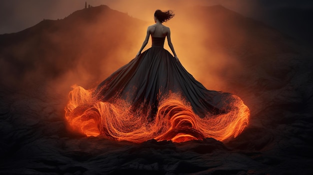 Kobieta w czerwonej sukience stojąca w pokoju wypełnionym ogniem