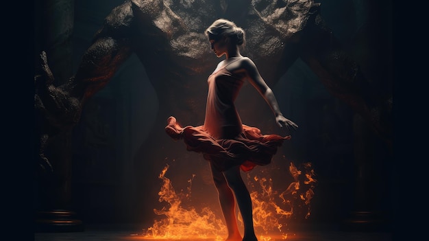 Kobieta w czerwonej sukience tańczy przed ogniem.