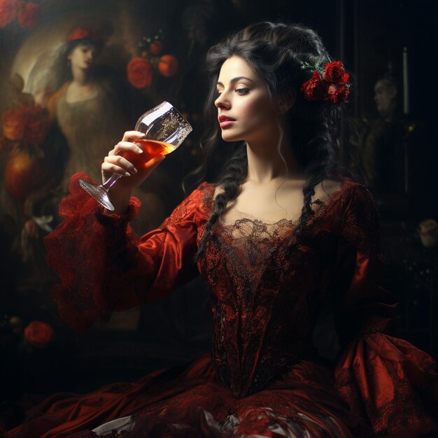 kobieta w czerwonej sukience trzyma kieliszek wina.