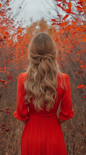 Kobieta w czerwonej sukience w lesie w jesieni widziana od tyłu