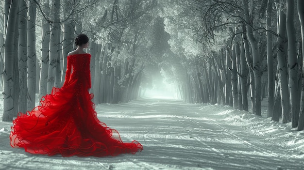 Kobieta w czerwonej sukience w lesie.