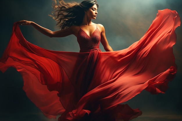Kobieta w czerwonej sukni machającej z latającym materiałem