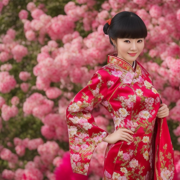 Kobieta w czerwonym chińskim kimonie pozuje na tle różowego kwiatu.