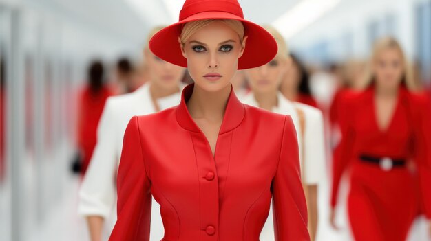 Zdjęcie kobieta w czerwonym garniturze i kapeluszu z wdziękiem idzie po wybiegu emitując pewność siebie i elegancję