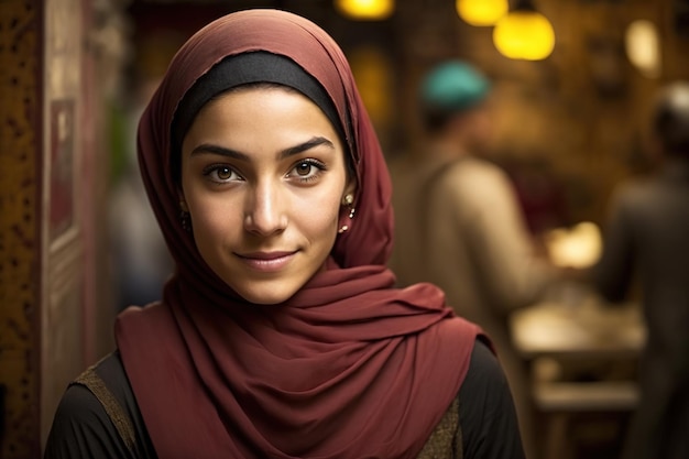 Kobieta w czerwonym hidżabie stoi w restauracji.