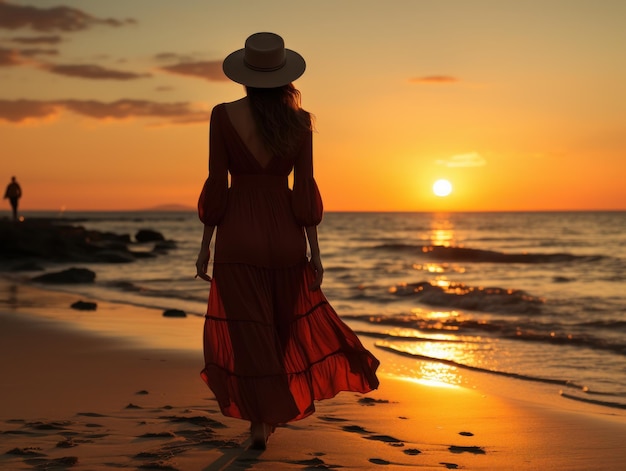 Kobieta w czerwonym kapeluszu bez twarzy, spacerująca po plaży o zachodzie słońca z książką w dłoni