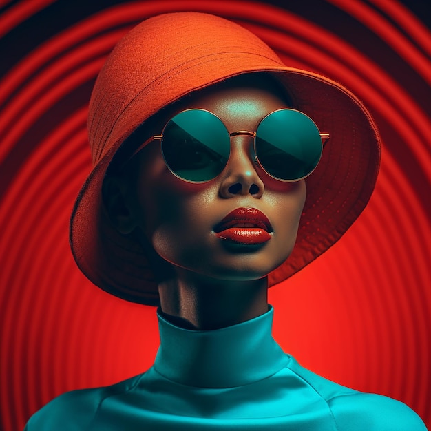 kobieta w czerwonym kapeluszu i okularach przeciwsłonecznych stoi przed czerwonym kółkiem.