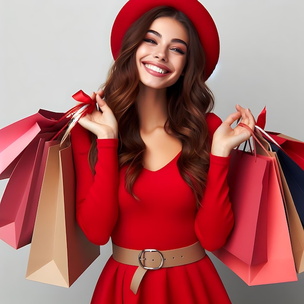 Zdjęcie kobieta w czerwonym kapeluszu trzymająca torbę z czerwonym łukiem