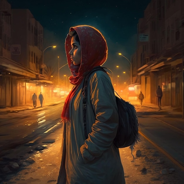 Kobieta w czerwonym kapturze stoi nocą na ulicy.