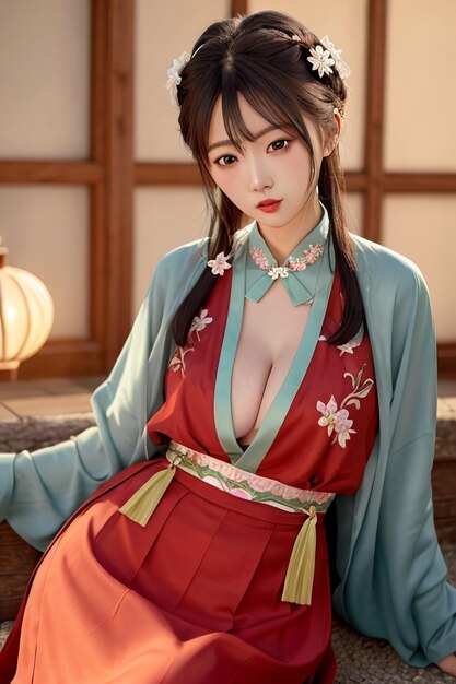 Kobieta w czerwonym kimonie z napisem hanfu na przodzie.