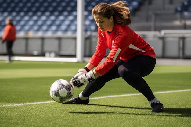 Zdjęcie kobieta w czerwonym mundurze piłkarskim zamierza kopnąć piłkę.