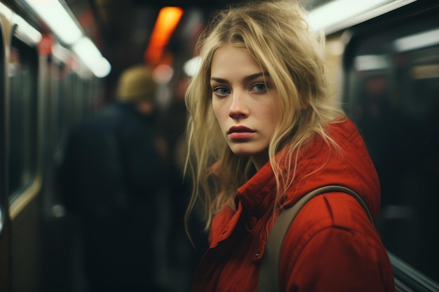kobieta w czerwonym płaszczu stojąca w metrze
